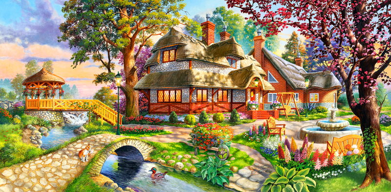 Thatched Cottage Garden — Green, Serene, Sunset, Illustration