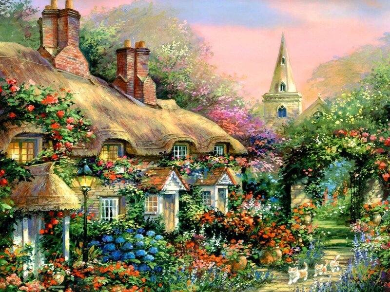 Thatched Cottage Garden — Green, Serene, Sunset, Painting, Church Steeple