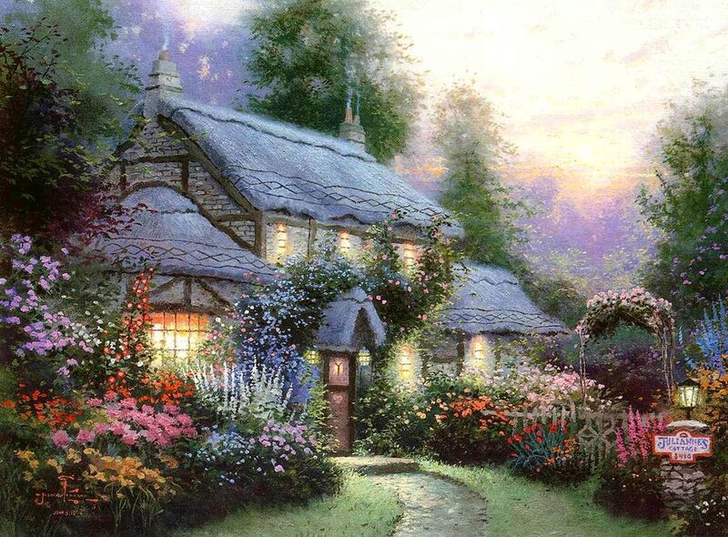 Thatched Cottage Garden — Green, Serene, Sunset, Painting, Flowers, Path