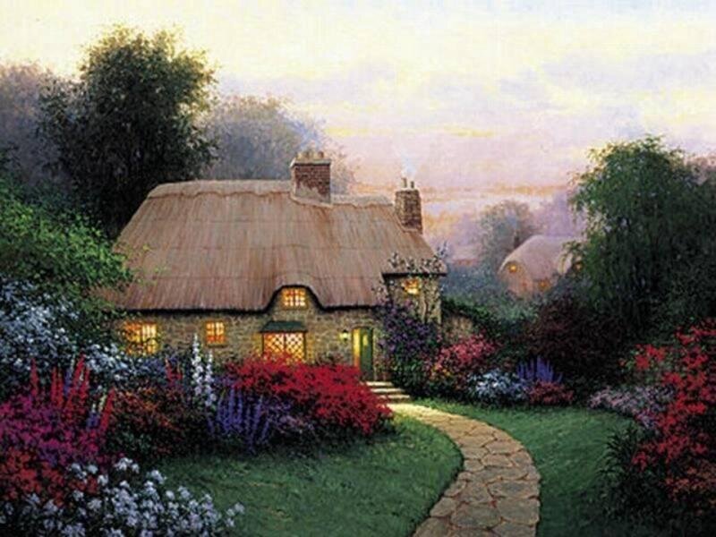 Thatched Cottage Garden — Green, Serene, Sunset, Painting, Flowers, Path, Trees, Chimneys