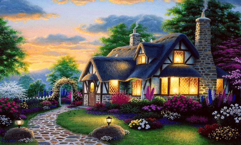 Thatched Cottage Garden — Green, Serene, Sunset, Painting, Flowers, Path, Trees