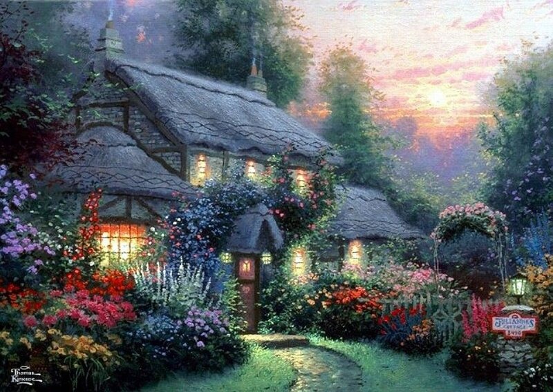Thatched Cottage Garden — Green, Serene, Sunset, Painting, Flowers