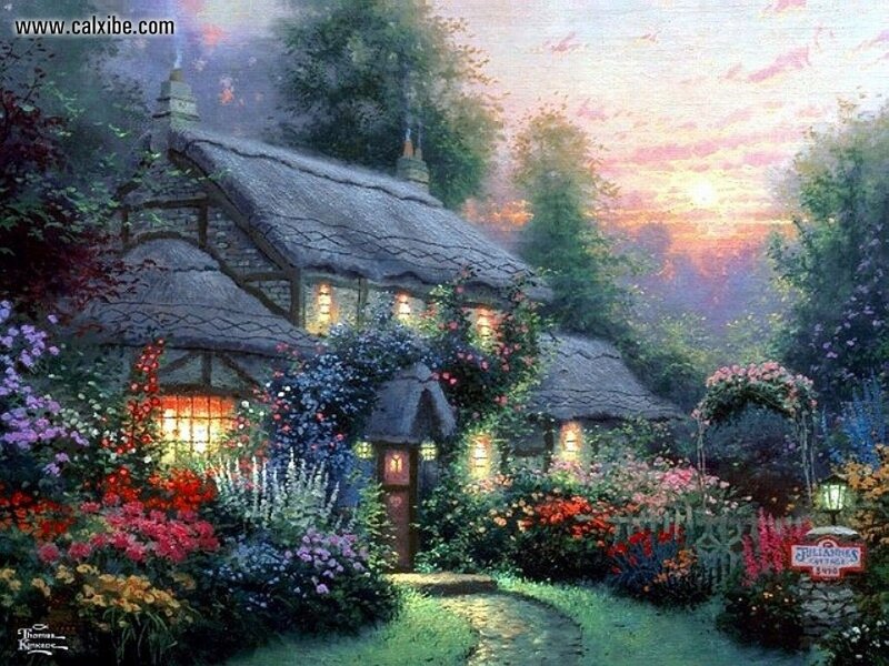 Thatched Cottage Garden — Green, Serene, Sunset