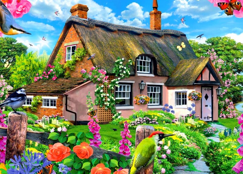 Thatched Cottage Garden — Pink, Serene, Afternoon