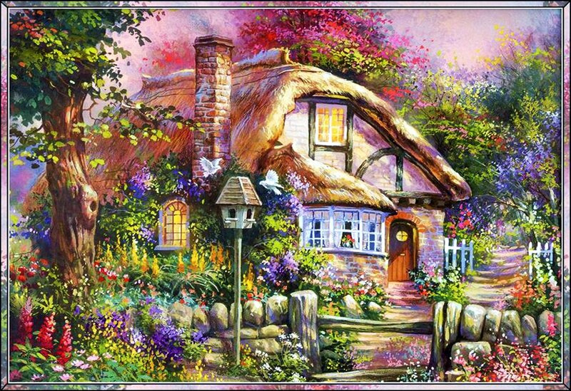 Thatched Cottage Garden — Purple, Serene, Afternoon
