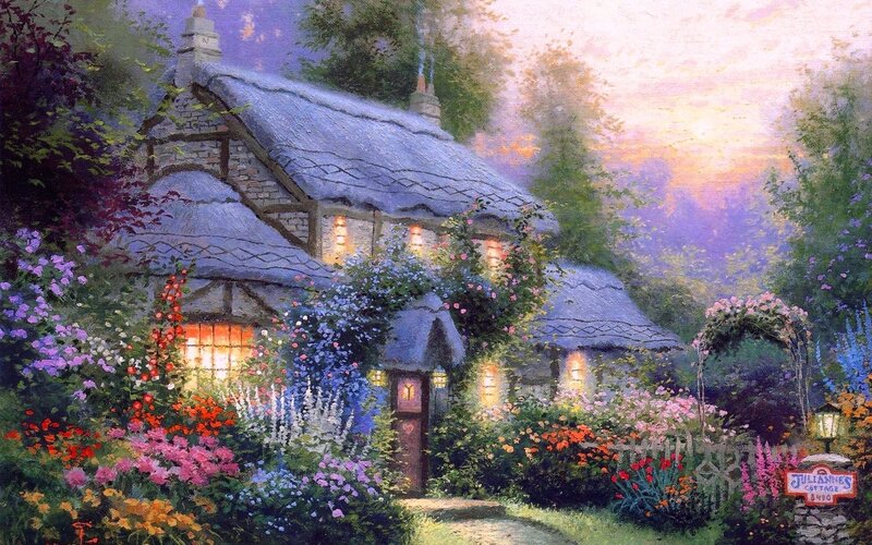 Thatched Cottage Garden — Purple, Serene, Sunset