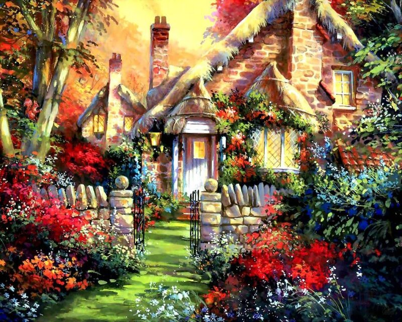 Thatched Cottage Garden — Red, Serene, Sunset