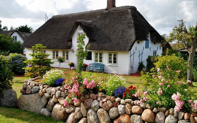 Thatched Cottage Garden — White, Serene, Afternoon, Photograph, Flowers