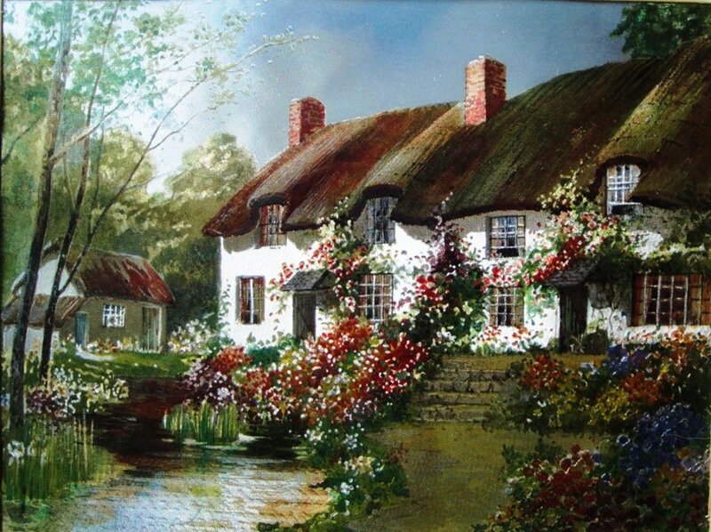 Thatched Cottage Garden — White, Serene, Afternoon