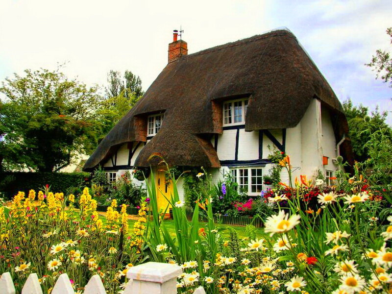 Thatched Cottage Garden — White, Serene, Spring