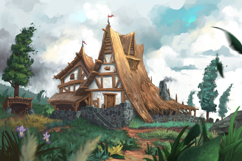Thatched Cottage — Green, Serene, Afternoon, Digital Art, Trees