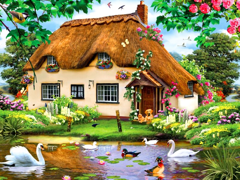 Thatched Cottage — Green, Serene, Afternoon, Illustration