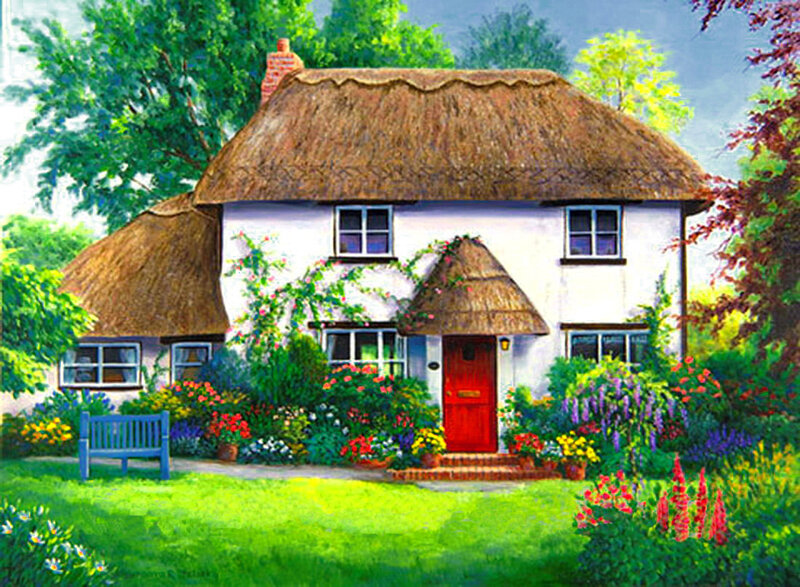 Thatched Cottage — Green, Serene, Afternoon, Painting, Flowers, Bench