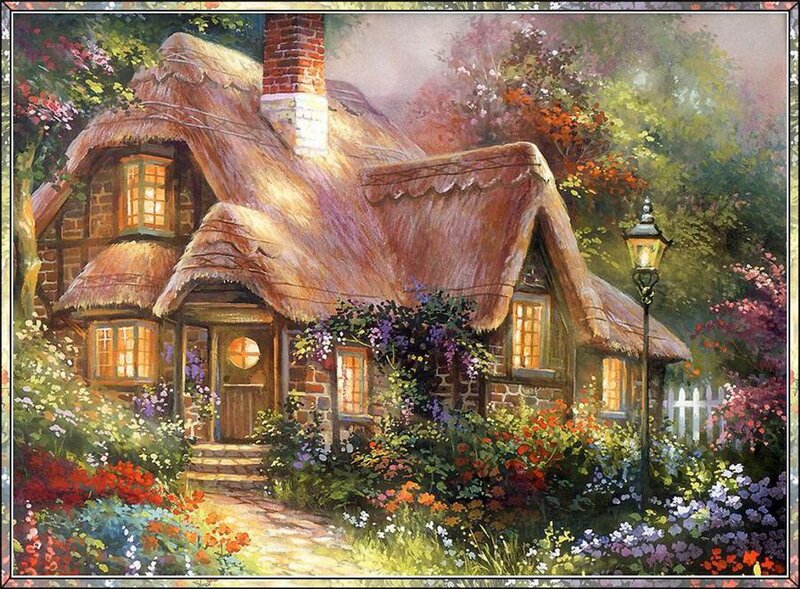 Thatched Cottage — Green, Serene, Afternoon, Painting, Flowers, Lamp Post