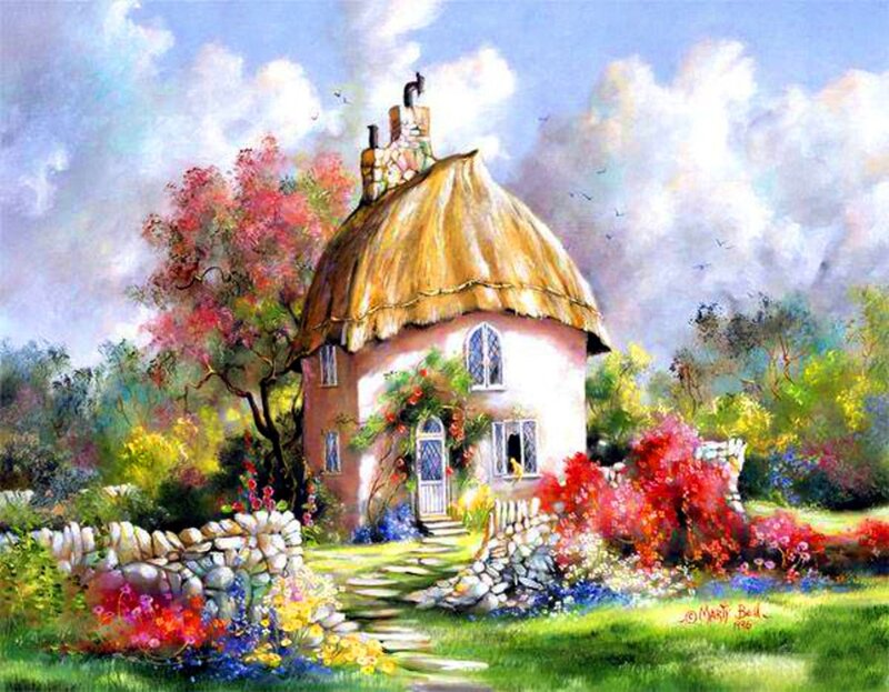 Thatched Cottage — Green, Serene, Afternoon, Painting, Flowers, Stone Wall