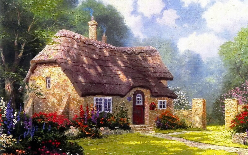 Thatched Cottage — Green, Serene, Afternoon, Painting, Flowers