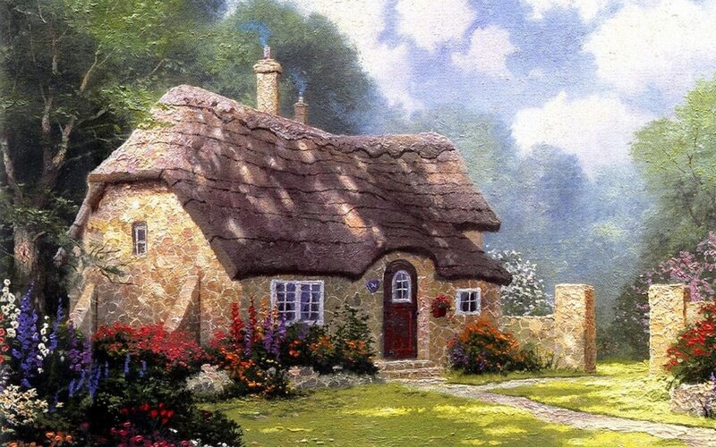 Thatched Cottage — Green, Serene, Afternoon, Painting, Flowers, Trees, Path, Brown
