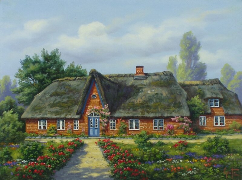 Thatched Cottage — Green, Serene, Afternoon, Painting, Flowers, Trees