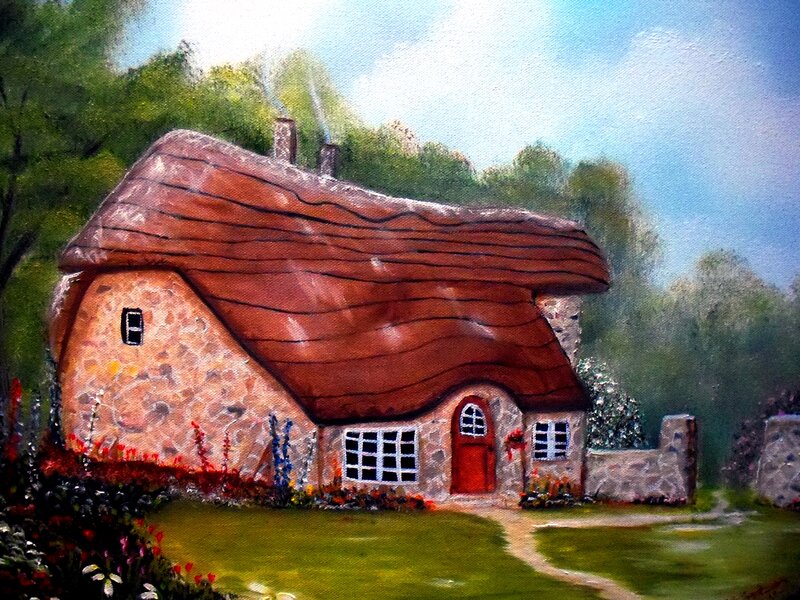 Thatched Cottage — Green, Serene, Afternoon, Painting, Stone Walls