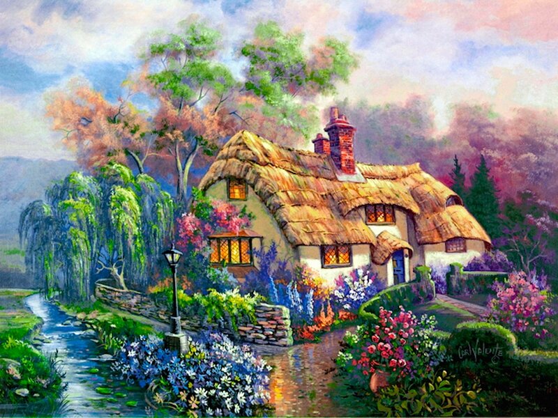 Thatched Cottage — Green, Serene, Afternoon, Painting, Stream, Flowers