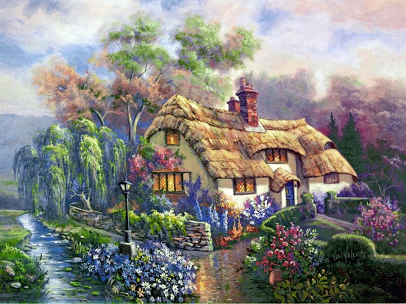 Thatched Cottage — Green, Serene, Afternoon, Painting, Stream