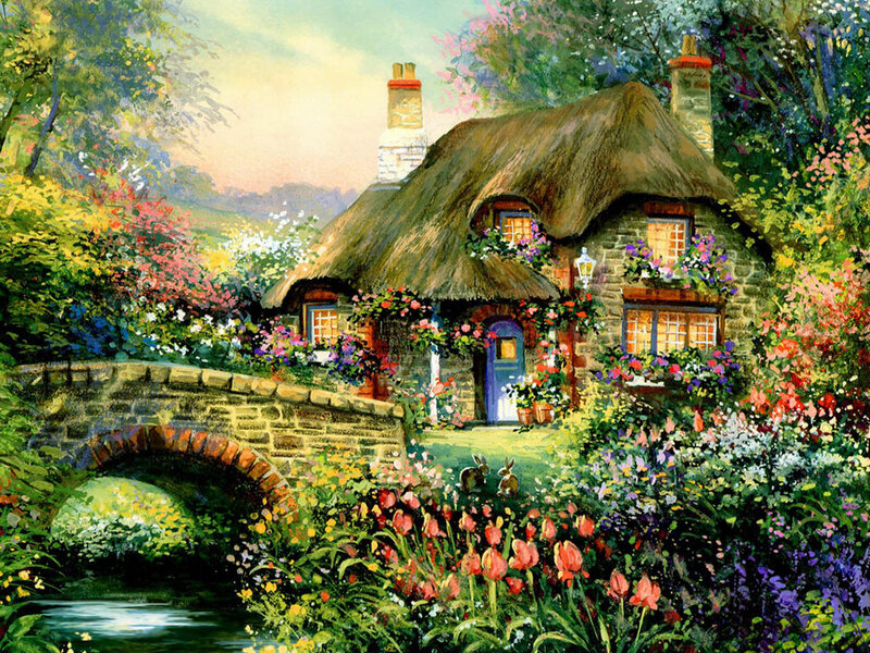 Thatched Cottage — Green, Serene, Afternoon, Painting