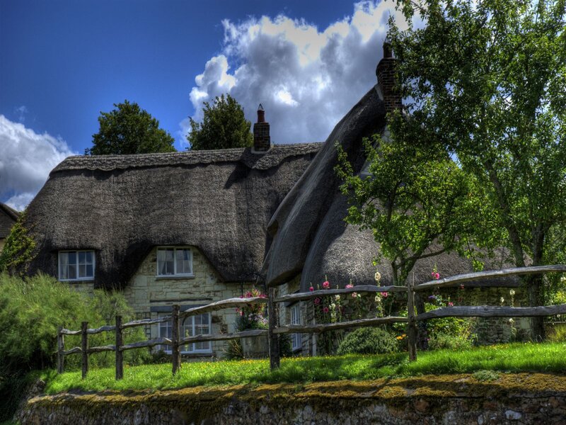 Thatched Cottage — Green, Serene, Afternoon, Photograph, Fence
