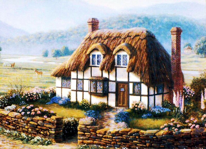 Thatched Cottage — Green, Serene, Morning, Painting, Flowers
