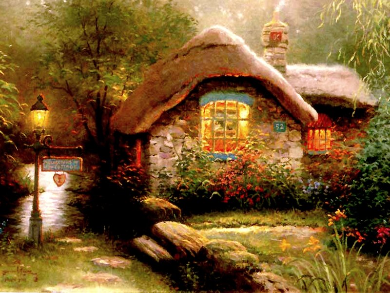 Thatched Cottage — Green, Serene, Night