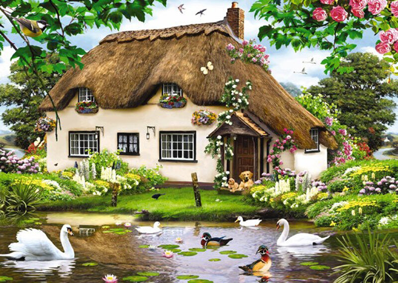 Thatched Cottage — Green, Serene, Spring, Illustration