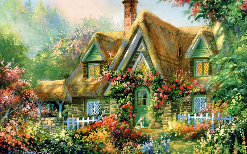 Thatched Cottage — Green, Serene, Spring, Painting