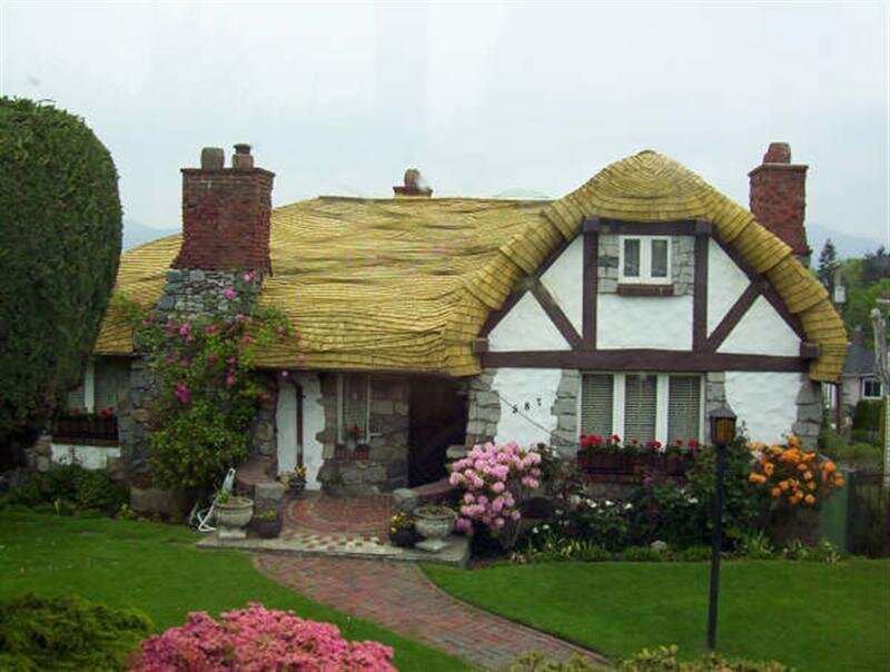 Thatched Cottage — Green, Serene, Spring, Photograph, Flowers, Chimney