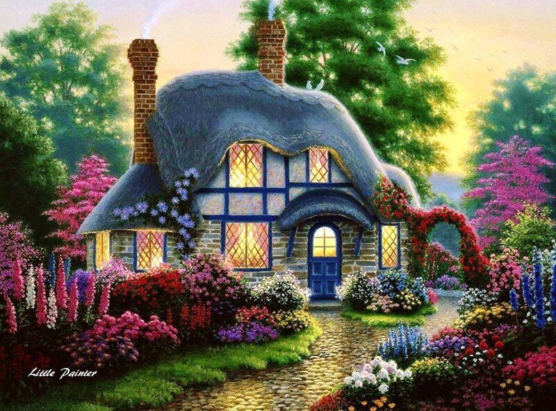 Thatched Cottage — Green, Serene, Sunset, Painting, Flowers, Trees, Birds