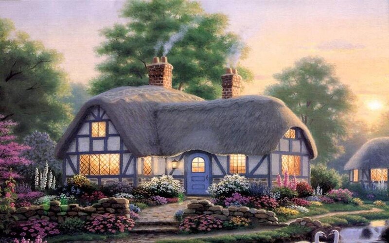 Thatched Cottage — Green, Serene, Sunset, Painting, Flowers, Trees, Chimneys