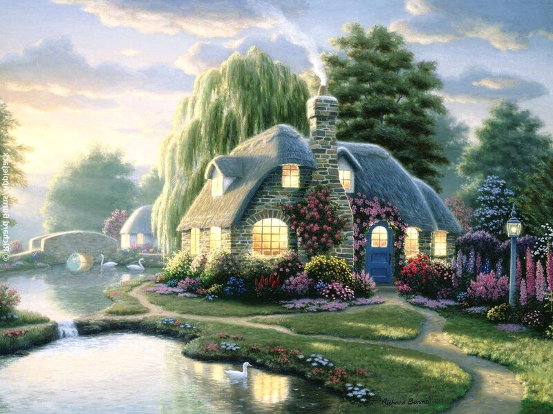 Thatched Cottage — Green, Serene, Sunset, Painting, River