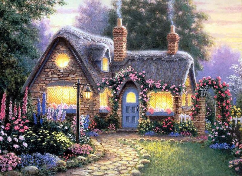 Thatched Cottage — Green, Serene, Sunset, Painting