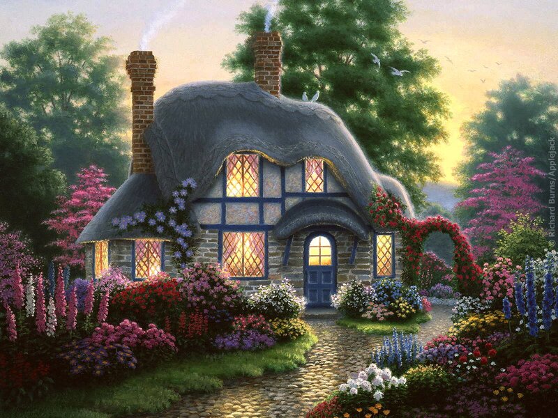 Thatched Cottage — Green, Serene, Sunset