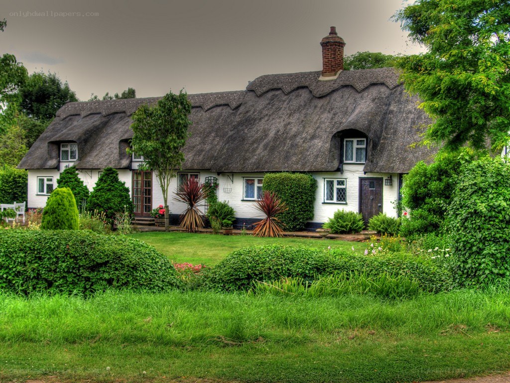 Thatched cottage in a green garden