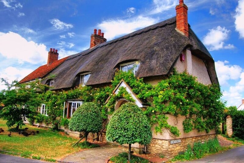 Thatched cottage in a village