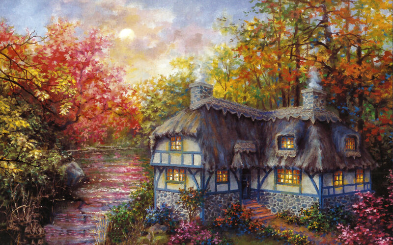 Thatched Cottage in Autumn — Orange, Serene, Night