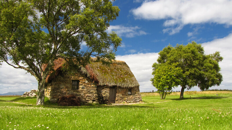 Thatched Cottage in Field — Green, Serene