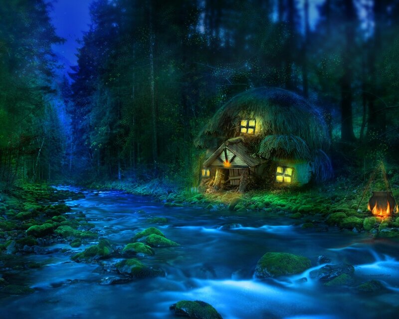 Thatched Cottage in Forest — Blue, Serene