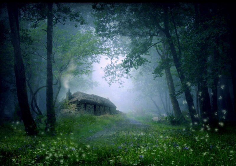 Thatched Cottage in Forest — Green, Mystical