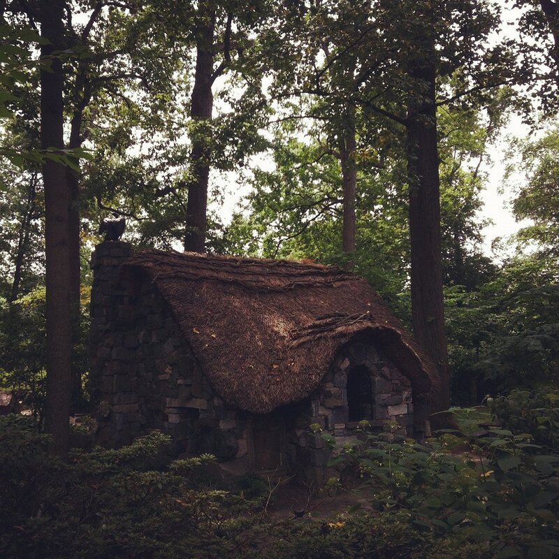 Thatched Cottage in Forest — Green, Serene, Afternoon, Photograph, Stone Wall