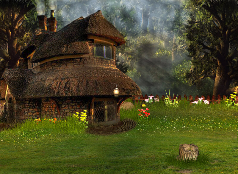 Thatched Cottage in Forest — Green, Serene, Morning, Digital Art, Flowers