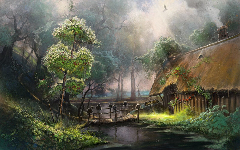 Thatched Cottage in Forest — Green, Serene, Morning, Painting