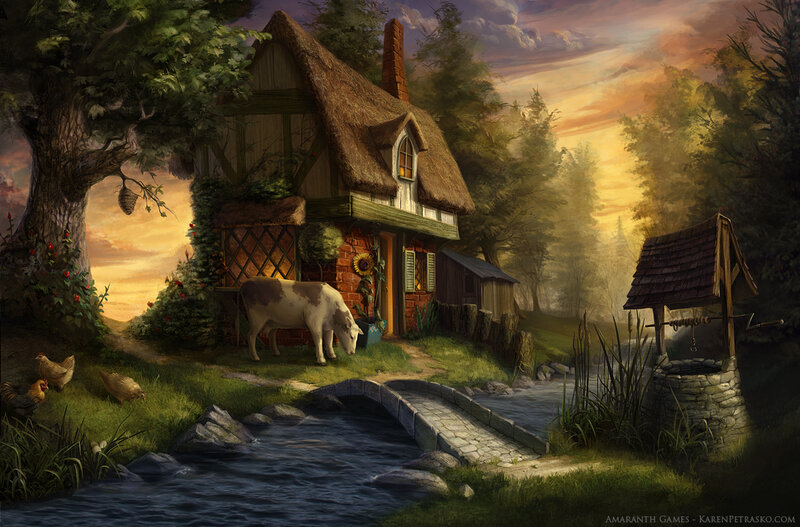 Thatched Cottage in Forest — Green, Serene, Sunset