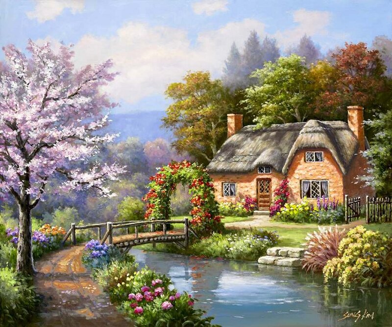 Thatched Cottage in Garden — Blue
