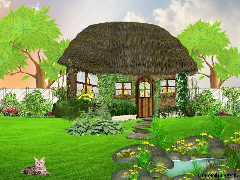 Thatched Cottage in Garden — Green, Serene, Afternoon, Digital Art