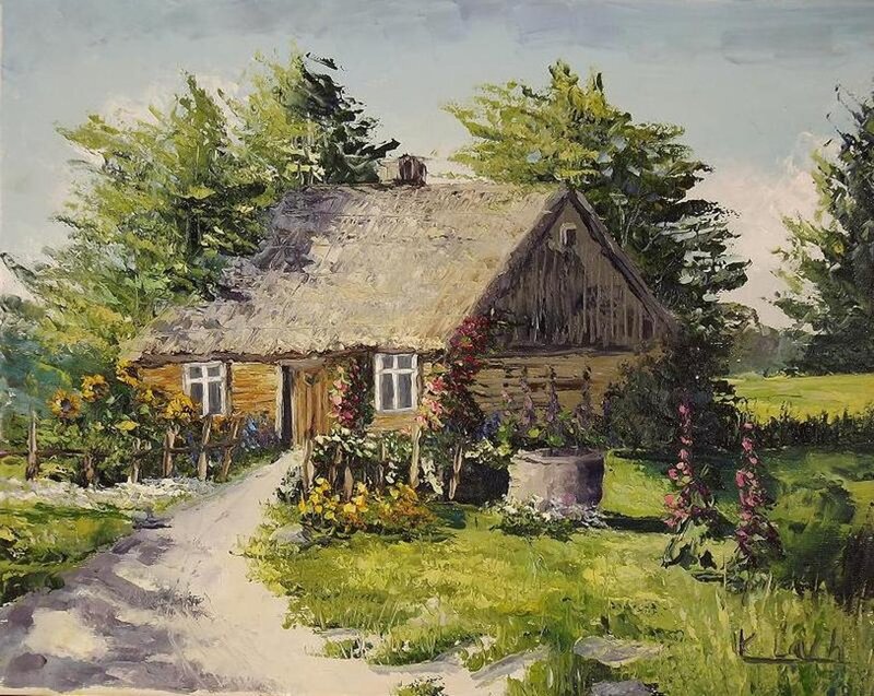 Thatched Cottage in Garden — Green, Serene, Afternoon, Painting